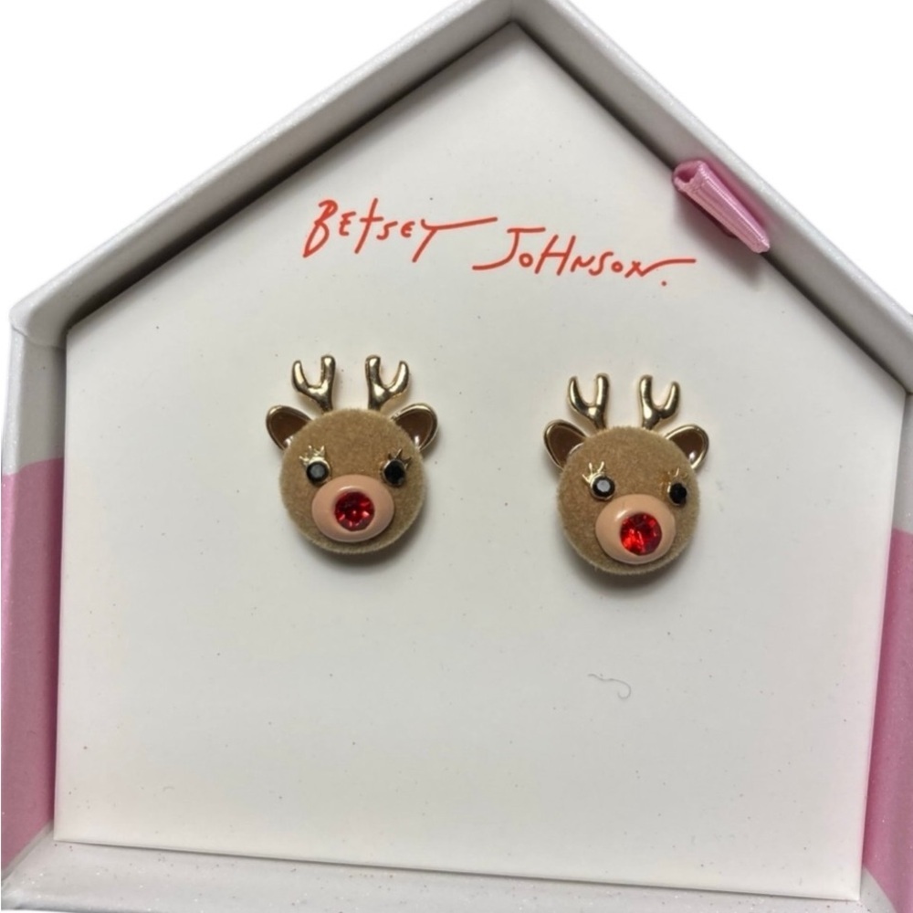 BETSEY JOHNSON Christmas Fluffy Felt Rudolph Red-Nosed Reindeer Earrings NEW NWT